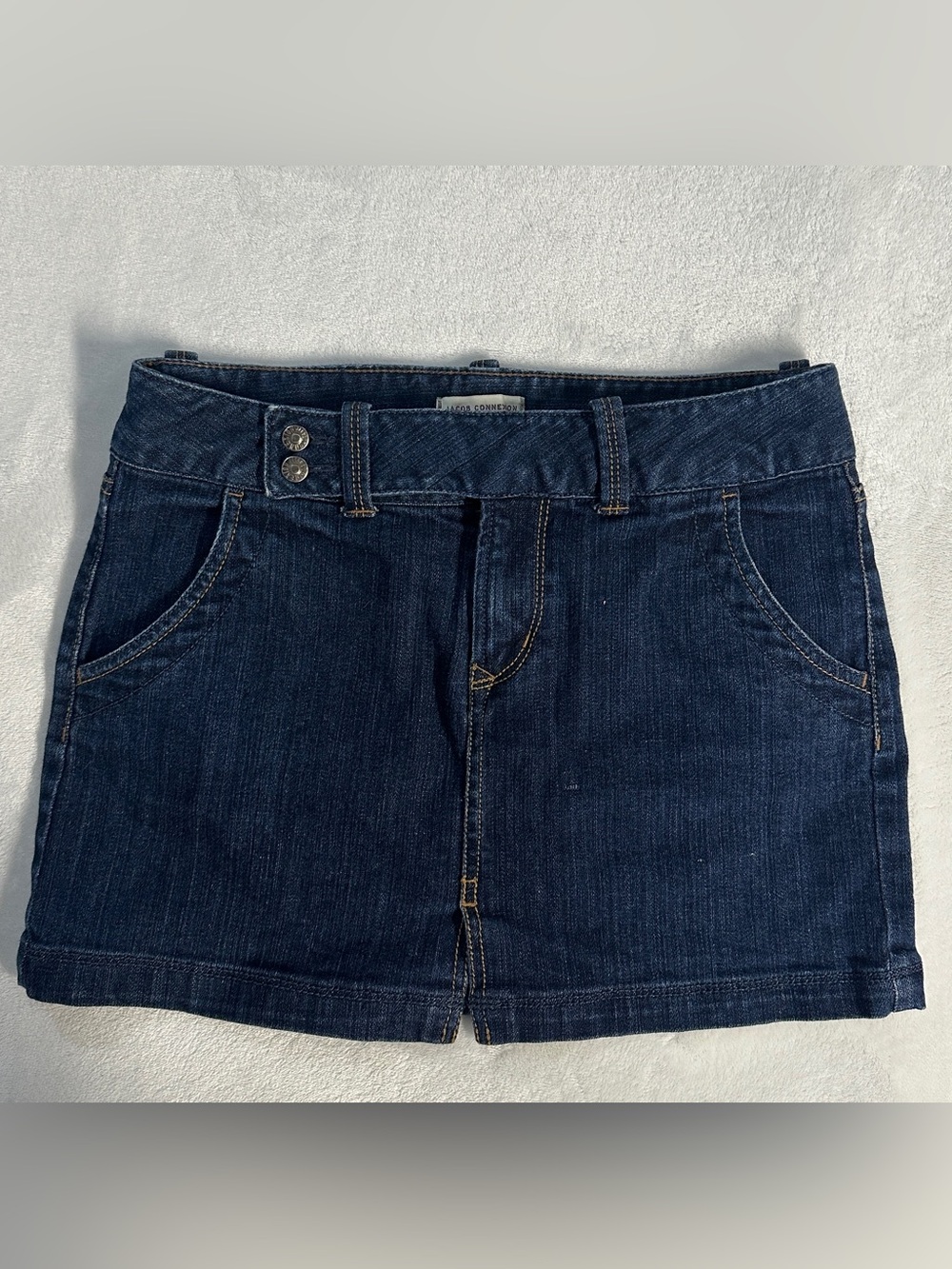 Y2K JACOB CONNEXION women's navy mini lowrise denim skirt, 3/4.